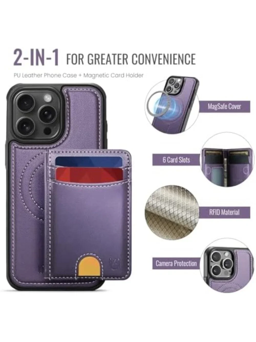 Purple Wallet Case for iPhone 15 Pro Max, MagSafe Compatible, Stylish & Durable